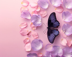 Minimal spring and summer background with violet  butterfly and purple petals around on a pink background. Flat lay. Minimal floral greeting card