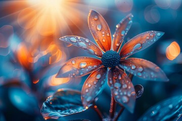 A radiant and saturated close-up photograph showing delicate water droplets adorning a colorful flower, basking in the enchanting sunlight glow
