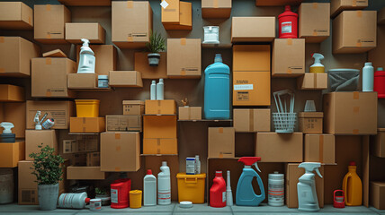 A wall of boxes with various items inside, including a bottle of Windex