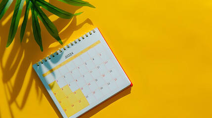 July 2024 desk calendar on yellow background Directly above Flat lay : Generative AI