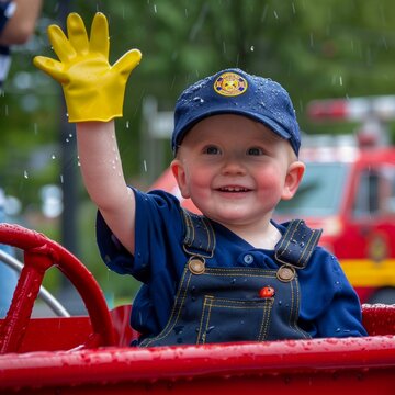 Joyful Toddler Playing Fireman in Rain. Generative ai