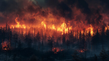 A forest fire is raging through a wooded area