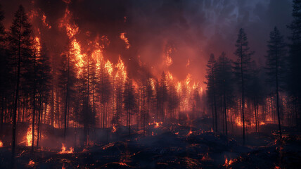 A forest fire is raging through a wooded area, with trees and brush on fire