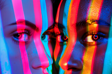 Obraz premium detailed portrait of the faces of two women of different races illuminated with neon lights