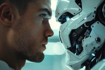 Fototapeta premium A man and a robot are staring at each other