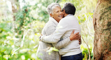 Senior couple, happy and hug in park by trees with love, care or connection on vacation in summer....