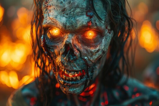 Detailed image of a horrifying creature with glowing red eyes, teeth, and eerie surrounding flames