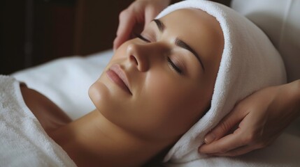  Woman getting a face massage at a spa salon. A closeup of hands applying cream on her cheek with a white towel over her head. Woman skin care and facial concept.