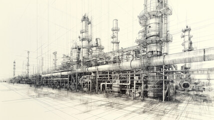 A drawing of a large industrial plant with many pipes and tanks