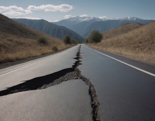Road after an earthquake. Asphalt is heavily cracked and uneven with clear signs of seismic activity