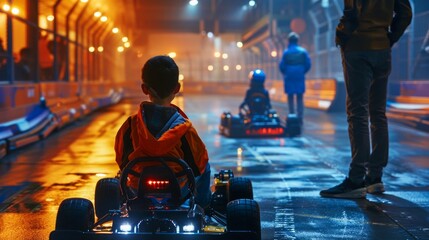 Young Child Preparing to Race in Indoor Go-Karting Track. Generative ai
