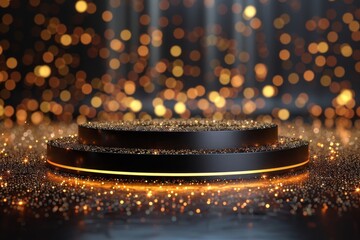 A sophisticated image of a two-tier podium with reflective surfaces and sparkling golden bokeh lights in the background