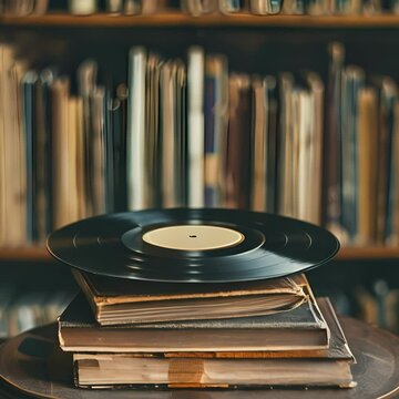 A vinyl record on a stack of old books with a bookshelf in the background.