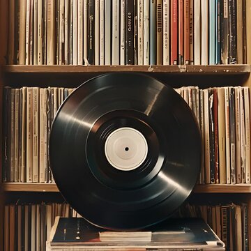 Black vinyl record on the background of a wooden shelf with many books and records