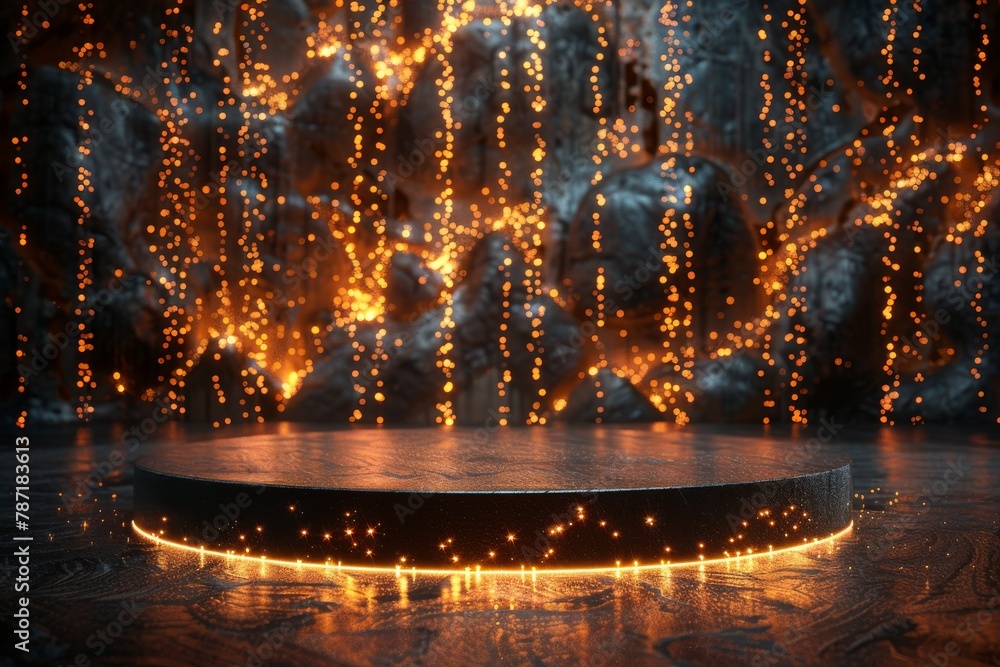Poster mysterious circular platform surrounded by enigmatic glowing lights in a dark, moody atmosphere