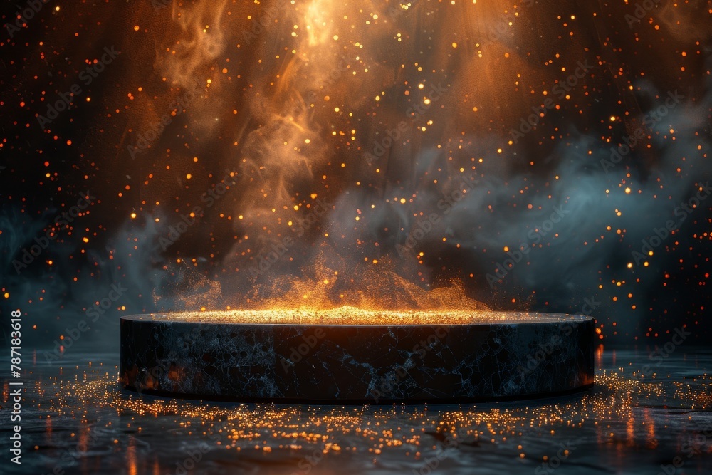 Poster an intense eruption of fiery sparks and smoke emulating from a circular platform in a dramatic displ