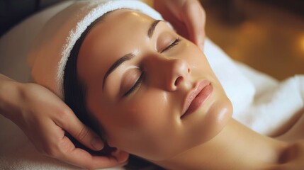  Woman getting a face massage at a spa salon. A closeup of hands applying cream on her cheek with a white towel over her head. Woman skin care and facial concept.