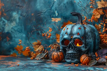 A dark Halloween themed image with a carved blue pumpkin and a skull amidst autumn leaves and berries - Powered by Adobe