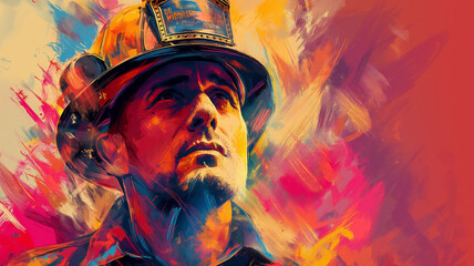 A man in a fireman's hat is painted in a colorful background - obrazy, fototapety, plakaty