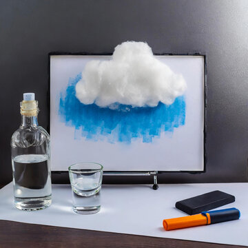 화이트보드에 구름 모양이 그려져 있고 옆에는 보드마카와 지우개가 놓여진 사진