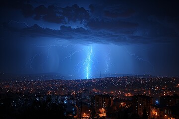 An electrifying night cityscape illuminated by the force of multiple thunderbolts tearing through the sky