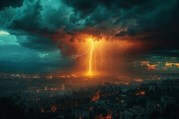 The city lights are dwarfed by the grandeur of a magnificent lightning storm, illuminating the night sky with a fiery glow above the urban landscape - obrazy, fototapety, plakaty