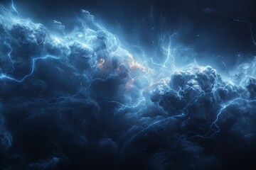 Fototapeta na wymiar A serene yet powerful display of delicate lightning tracing through ethereal blue clouds in a cosmic dance