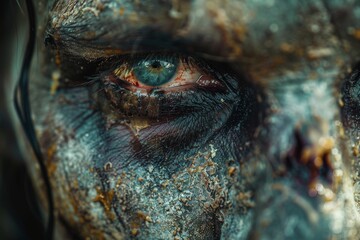 A haunting close-up that captures the intense gaze of a human eye, veiled with textured, artistic paint strokes revealing raw emotion