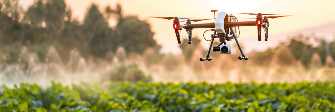 A smart agriculture scene with sensors and drones monitoring crop health and irrigation levels in a field.