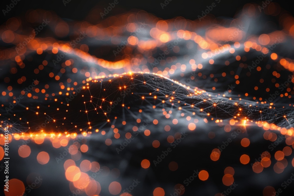Poster visualization of a digital landscape with light particles symbolizing data, connection and high tech