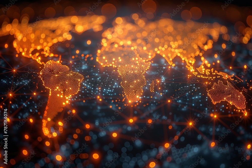 Poster a digital mesh network world map illustrating global connections and data flow with a two-tone color