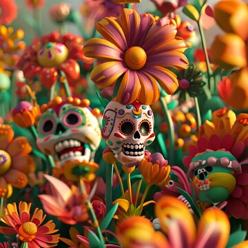 A field of colorful flowers with sugar skulls instead of heads