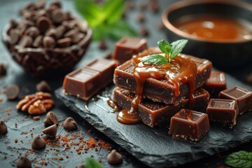 Decadent chocolate bars with dripping caramel sauce, garnished with fresh mint, on a slate...