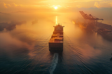 Cargo ship in golden light with calm sea