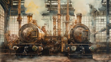 Two steam trains are in a factory - obrazy, fototapety, plakaty