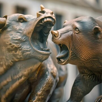 A bronze bull and bear sculpture located in front of the New York Stock Exchange.