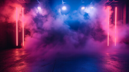 A dark room with purple and blue lights and a lot of smoke