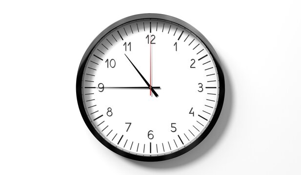 Time at quarter to 11 o clock - classic analog clock on white background - 3D illustration