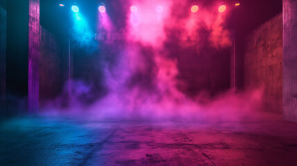A dark room with purple and blue lights and a lot of smoke