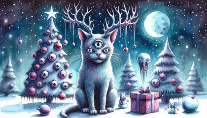 Magical and Surreal Christmas Scene with a Multieyed Cat and Festively Decorated Trees in a Chilling Winter Landscape