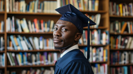 Against a backdrop of books and academic regalia a distinguished black man stands tall his eyes full of determination and passion. Through hard work and dedication he has become a . - obrazy, fototapety, plakaty