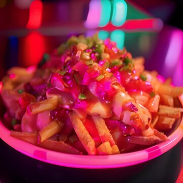 Heaped poutine with golden fries, cheese curds, gravy, and green onions served on a neon-lit table