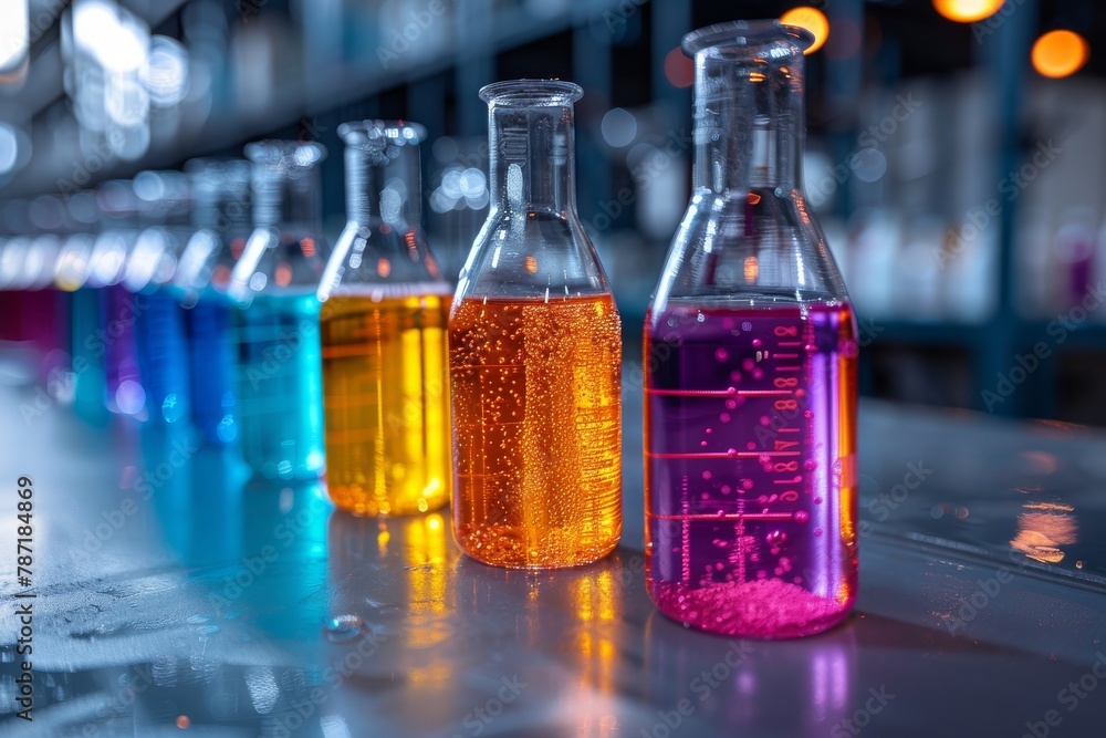 Aufkleber an array of chemical flasks filled with colorful liquids neatly lined up on a laboratory bench