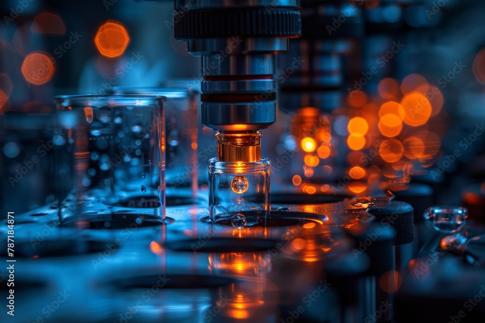Poster close-up of a high-powered microscope examining a small vial in a technical laboratory setting