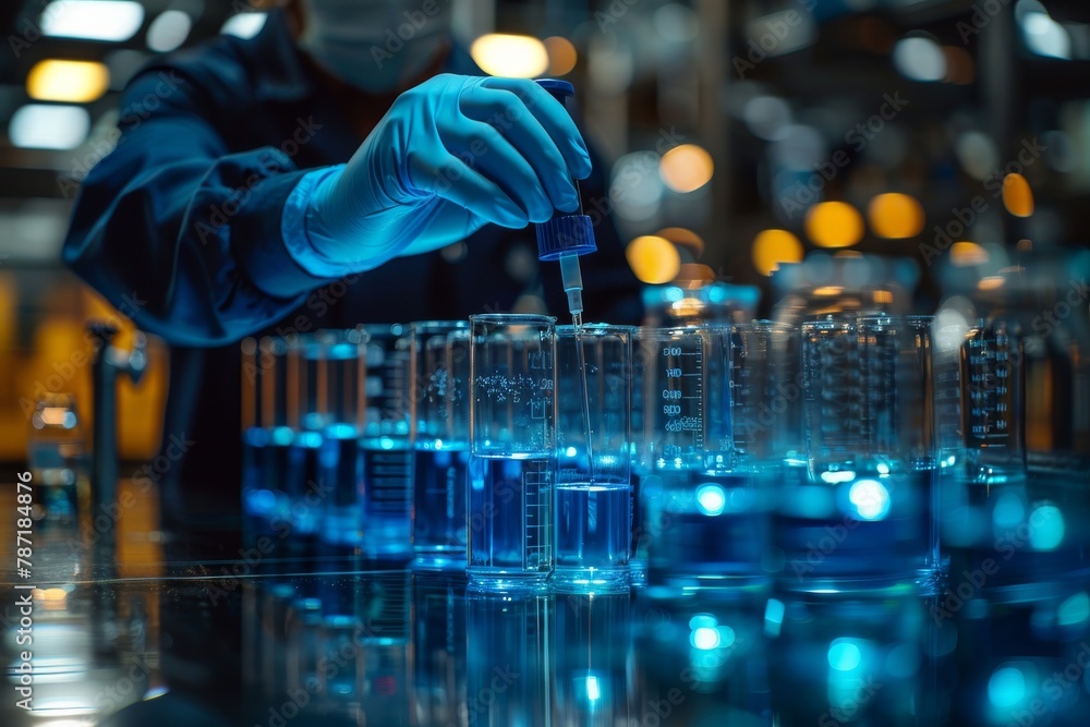 Poster a focused scientist using a pipette to transfer a precise amount of blue liquid into a series of tes