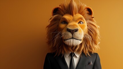 A cute kawaii 3D mascot character design corporate business lion on a human body in a suit and tie on a plain background