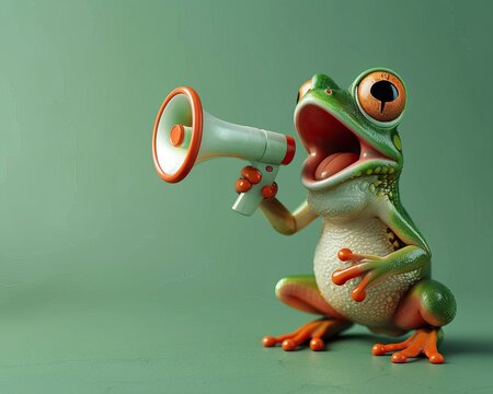 A cute kawaii 3D mascot character design green frog holding a megaphone on a green background.