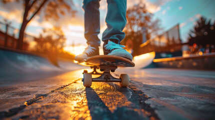 Color photo of pro skateboarder in half-pipe. - obrazy, fototapety, plakaty