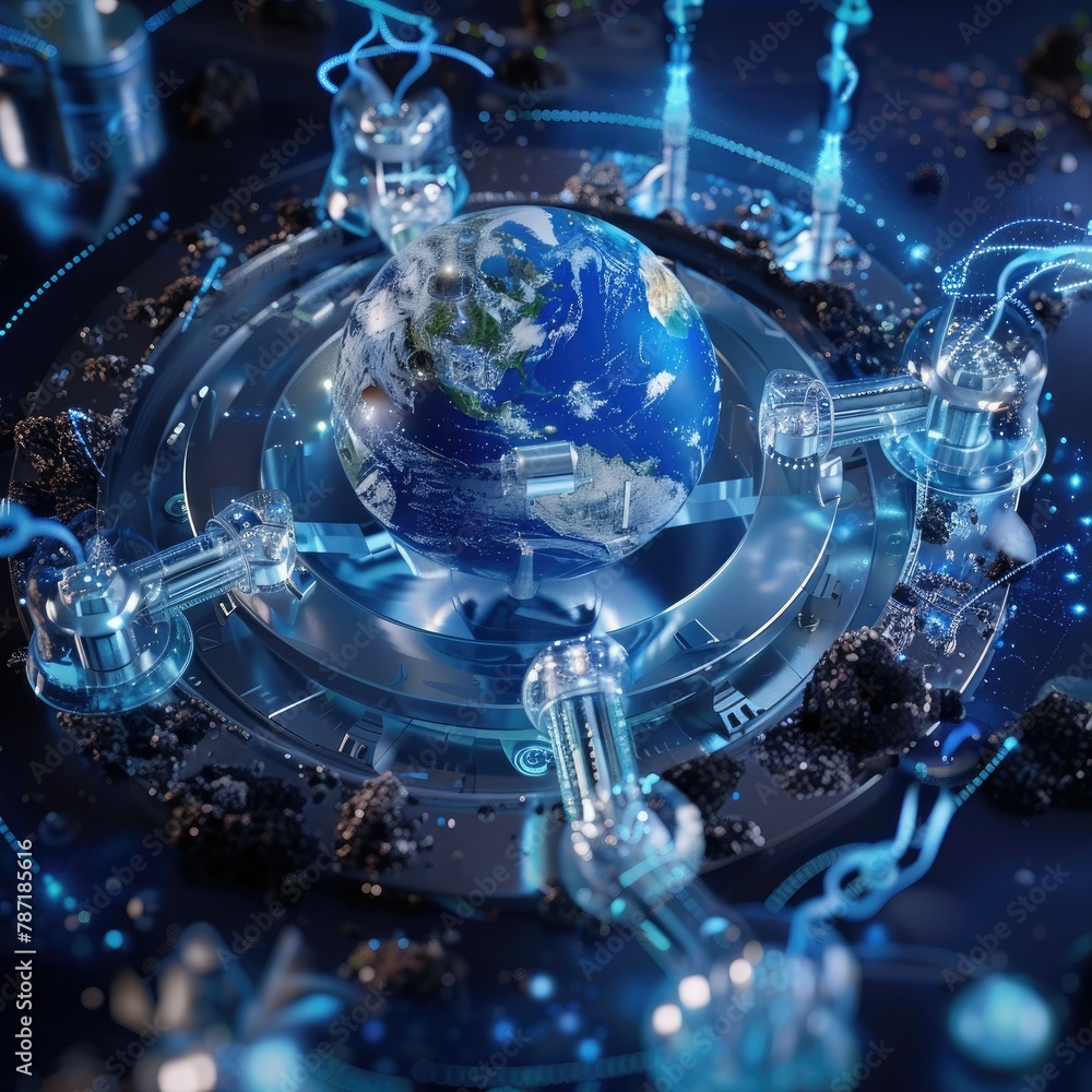 Poster a futuristic 3d visualization of earth surrounded by water purification technology to highlight the 