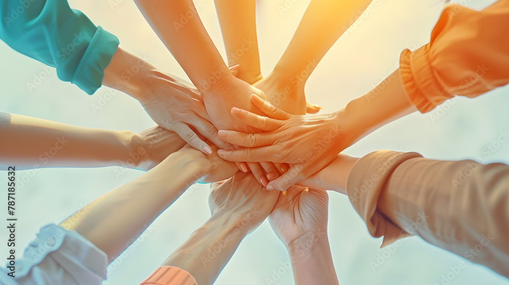 Poster teamwork unity concept group of friends put their hands together with copy space : generative ai